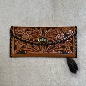 Vintage Tooled Leather Wallet Western Floral Hand Tooled Brown Clutch